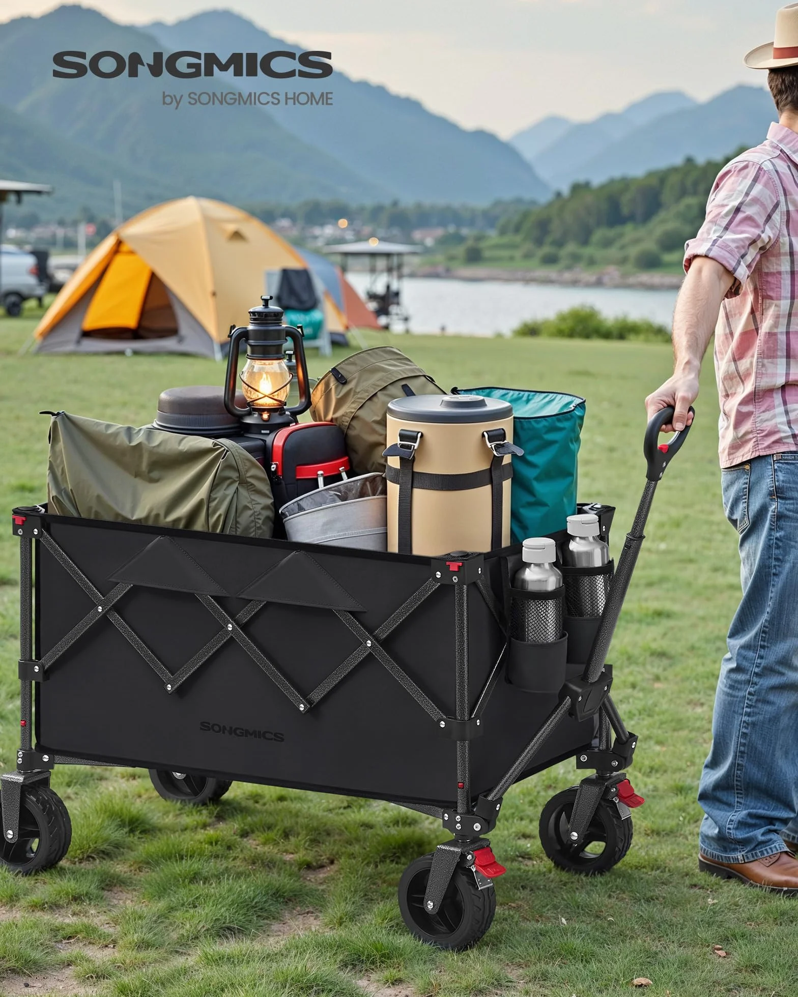 SONGMICS Handwagen faltbar, Bollerwagen, Gartenwagen, Campingwagen mit Griff, 4 abnehmbaren Rollen, platzsparend, Outdoor, Garten, 150 L, bis 150 kg belastbar, tintenschwarz GFW115B01