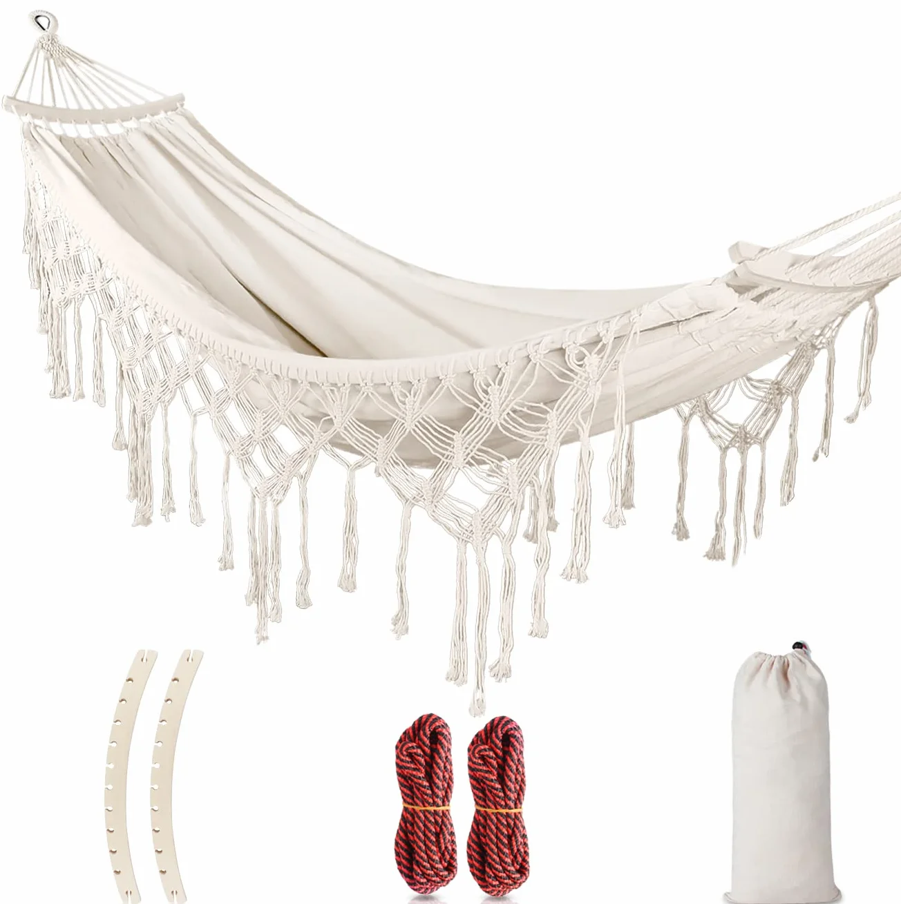 Hängematte Outdoor Boho-Stil für Garten, Balkon, Terrasse, Indoor, mit gebogener Holzstange, Befestigungsgurte und Tragetasch