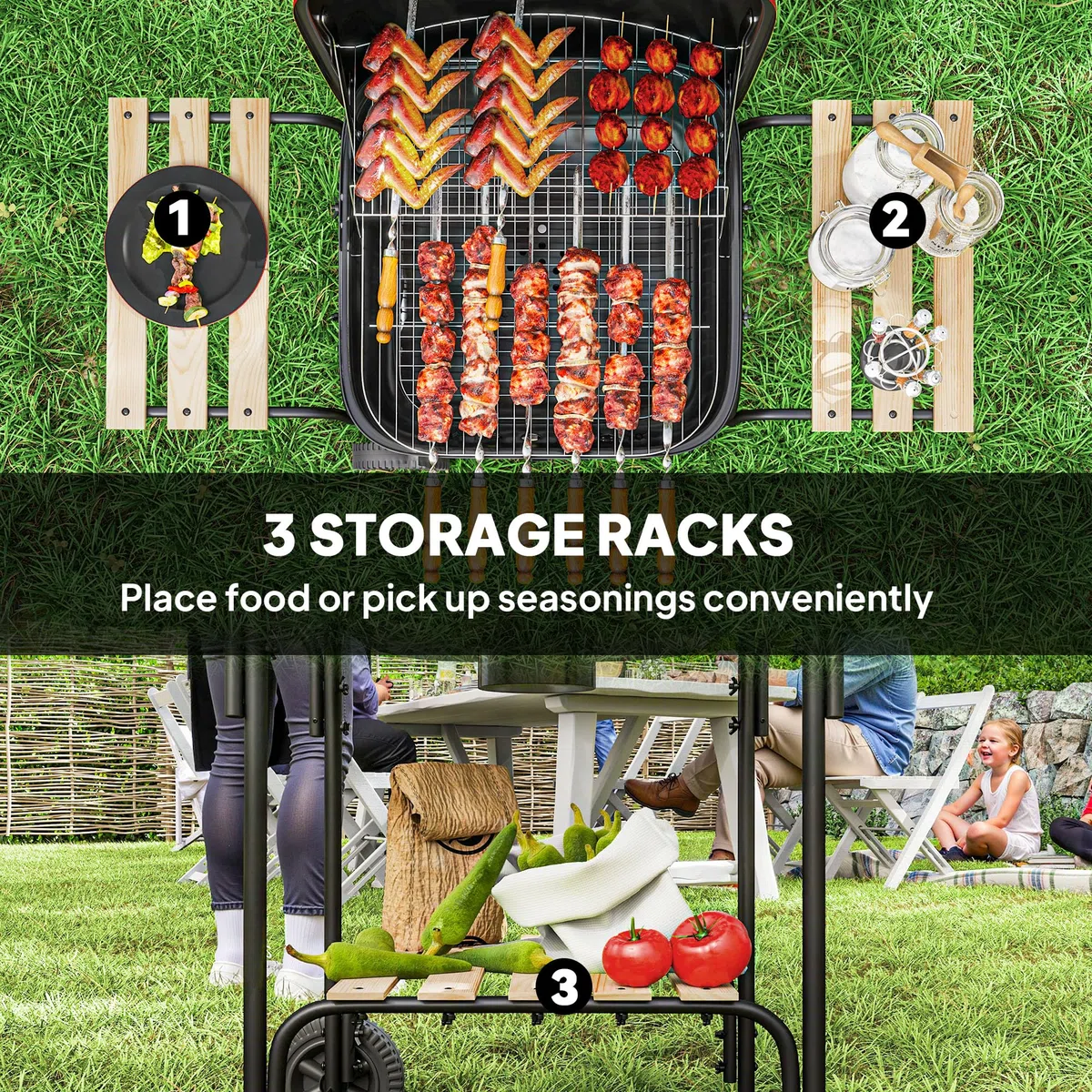 Outsunny Holzkohlegrill Tragbarer BBQ Grill mit 1840cm² Kochfläche, 3 Ablagen, verstellbarer Entlüftung, abschließbarer Deckel, Räder für Kochen im Freien, Gartenparty, Rot | 1840 cm² Kochfläche, verstellbarer Lüftungsschlitz, verschließbarer Deckel, Räde