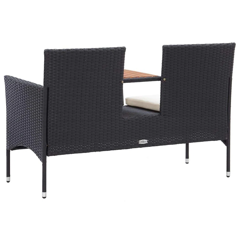2-Sitzer Gartenbank mit Teetisch 143 cm Poly Rattan Schwarz Sitzbank mit integriertem Tisch und Sitzkissen für Balkon Terrasse Garten Lounge-Bank Zweisitzer Akazienholz