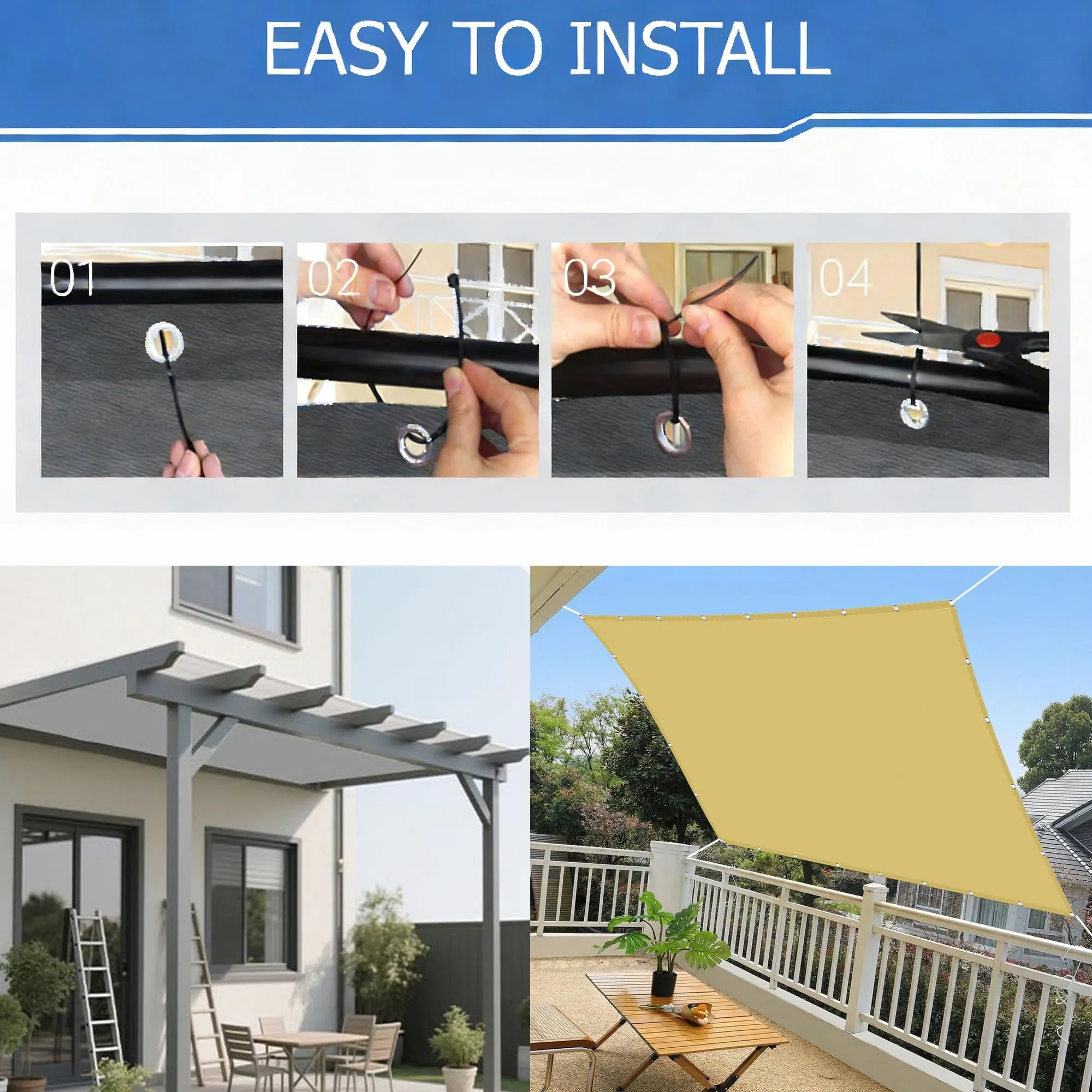 Sonnensegel Wasserdicht 4x5M Sonnensegel Rechteckig mit Ösen Markisenstoffe UV Schutz Wetterfest mit Seilen für Garten Terrasse Balkon, Sandfarbe