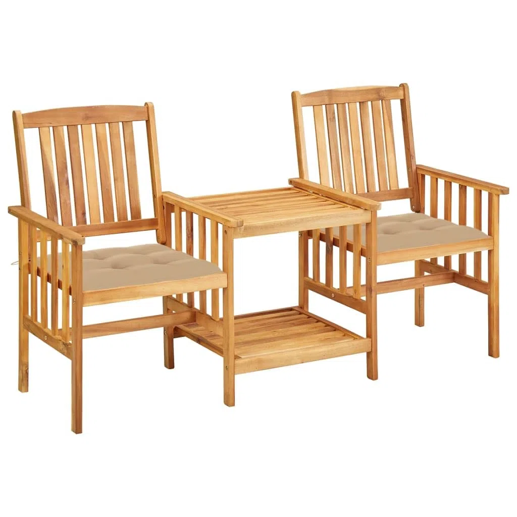 Gartenbank mit integriertem Tisch Akazie Massivholz, Bistro Set Doppelstuhl mit Kissen, Balkonmöbel Holzbank für Garten und Terrasse, 159 x 61 x 92 cm