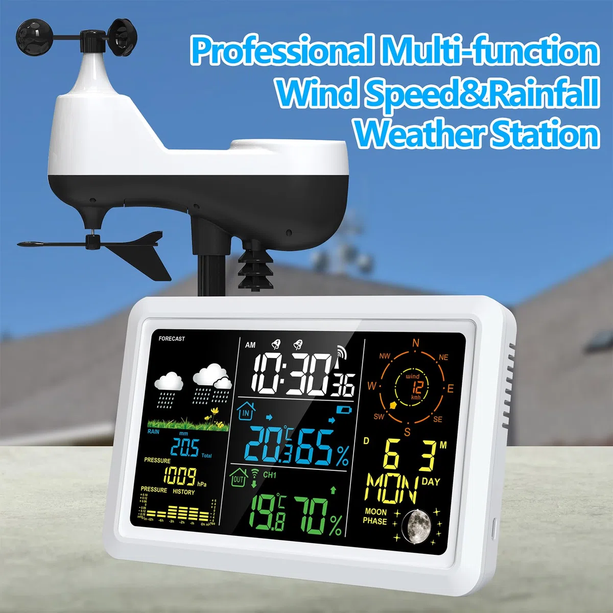 Wetterstation mit Außensensor Innen-/Außenthermometer mit 7,5-Zoll-VA-LCD-Bildschirm Wettervorhersage Temperatur Luftfeuchtigkeit Luftdruck Windgeschwindigkeit und -richtung Mondphase