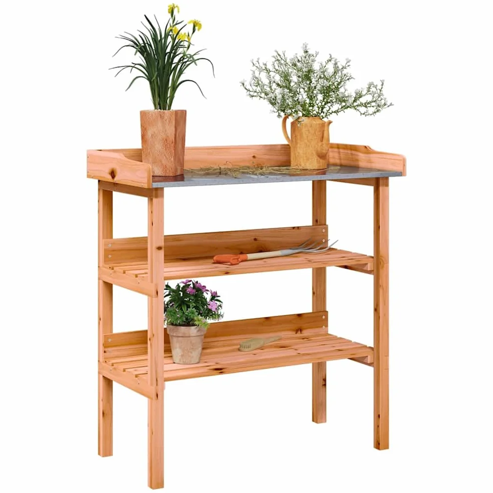 Pflanztisch mit Ablagen Braun aus massivem Tannenholz, verzinkte Tischplatte, 78 x 38 x 82,5 cm, 2 offene Fächer, für Garten Terrasse Gewächshaus Balkon