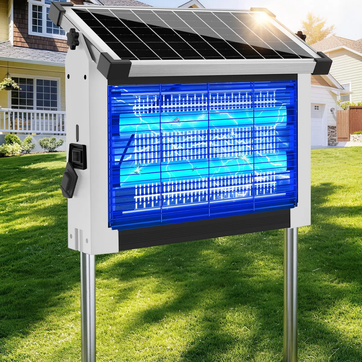 Solar Bug Zapper Outdoor, 4500V Wiederaufladbarer Wasserdichter Mückenvernichter mit Solarpanel Sensor, Elektrische Fliegenfalle, 3.0 m Kabel, Kabelloser Insektenvernichter für Terrasse Hof