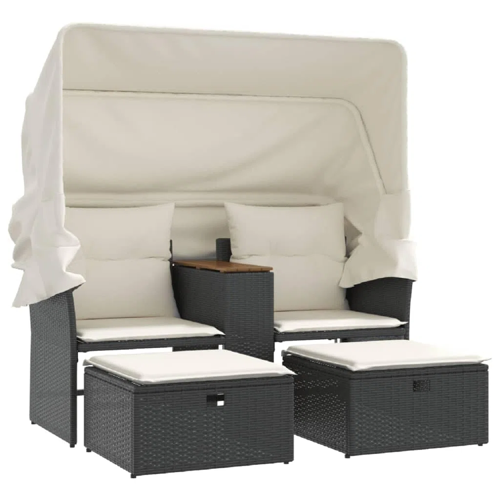 Hommdiy Gartensofa,Gartenlounge Outdoor,Sonnenliege Gartenliege Balkon,Doppelliege 2-Sitzer mit Dach und Hockern Schwarz Poly Rattan