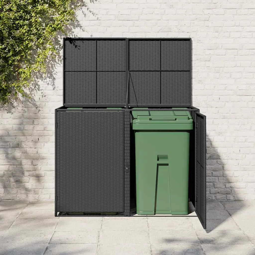Mülltonnenbox für 2 Tonnen aus Poly Rattan in Schwarz 148x80x111 cm mit Deckel und Zwei Türen, robuste Gartenlagerung aus PE-Rattan, langlebig und verrottungsbeständig