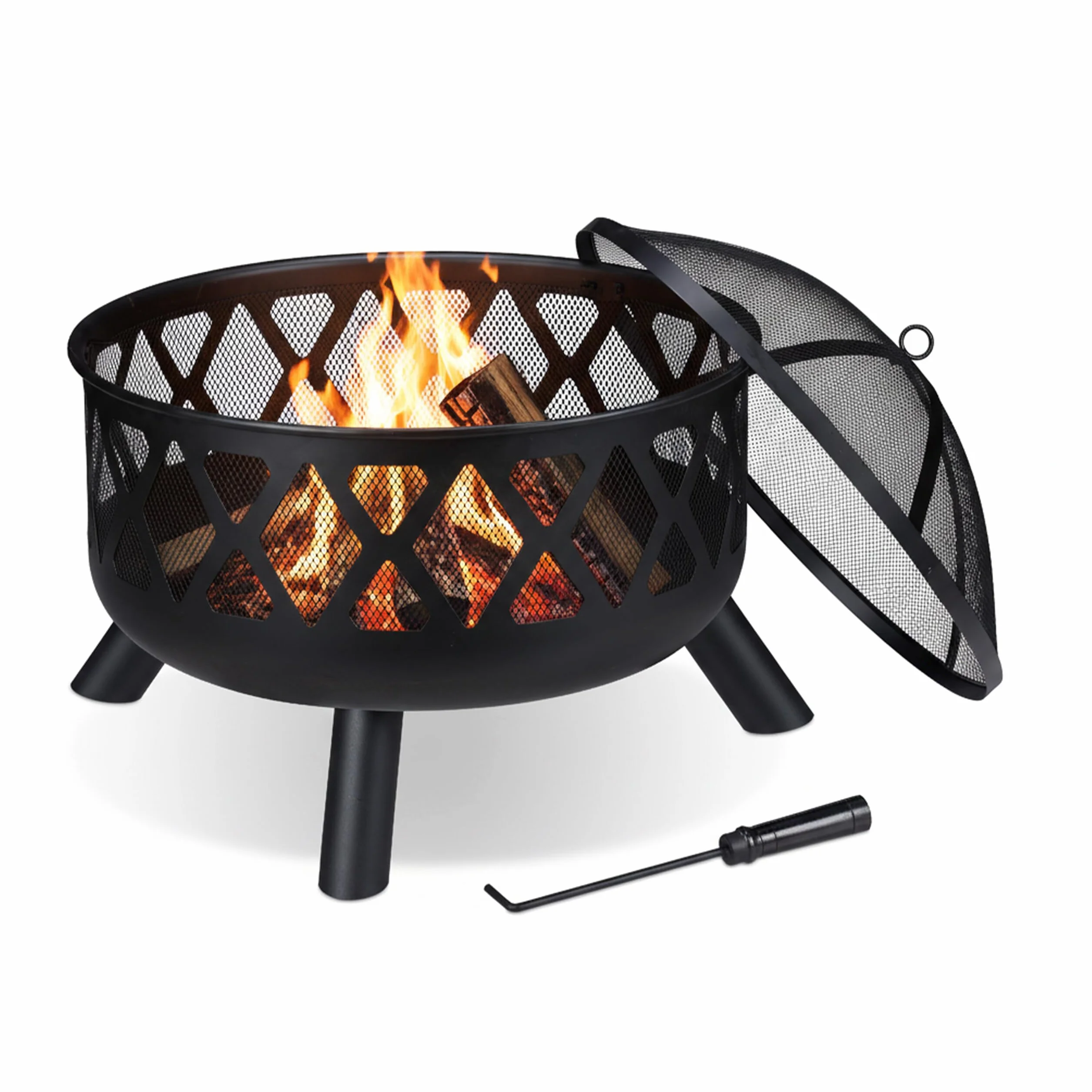 Relaxdays Feuerschale mit Funkenschutz, Ø 62 cm, mit Schürhaken, Garten, Terrasse, Outdoor Feuerstelle, Stahl, schwarz