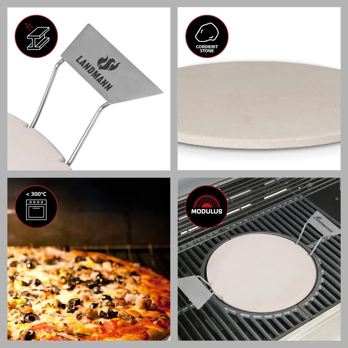 LANDMANN | Pizzastein für Gasgrill | Cordierit | ca. Ø 30,5 cm | Modulus-System | Edelstahl-Griffe | Für Gasgrill, Holzkohlegrill & Backofen geeignet | Zur Zubereitung von Pizza, Flammkuchen & Brot