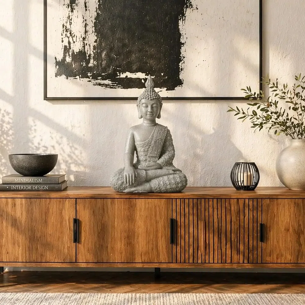 K&L Wall Art Große Buddhastatue Beton Grau Kunststein Buddha Feng Shui Deko Figur Garten Statue (45 cm Höhe, grau)
