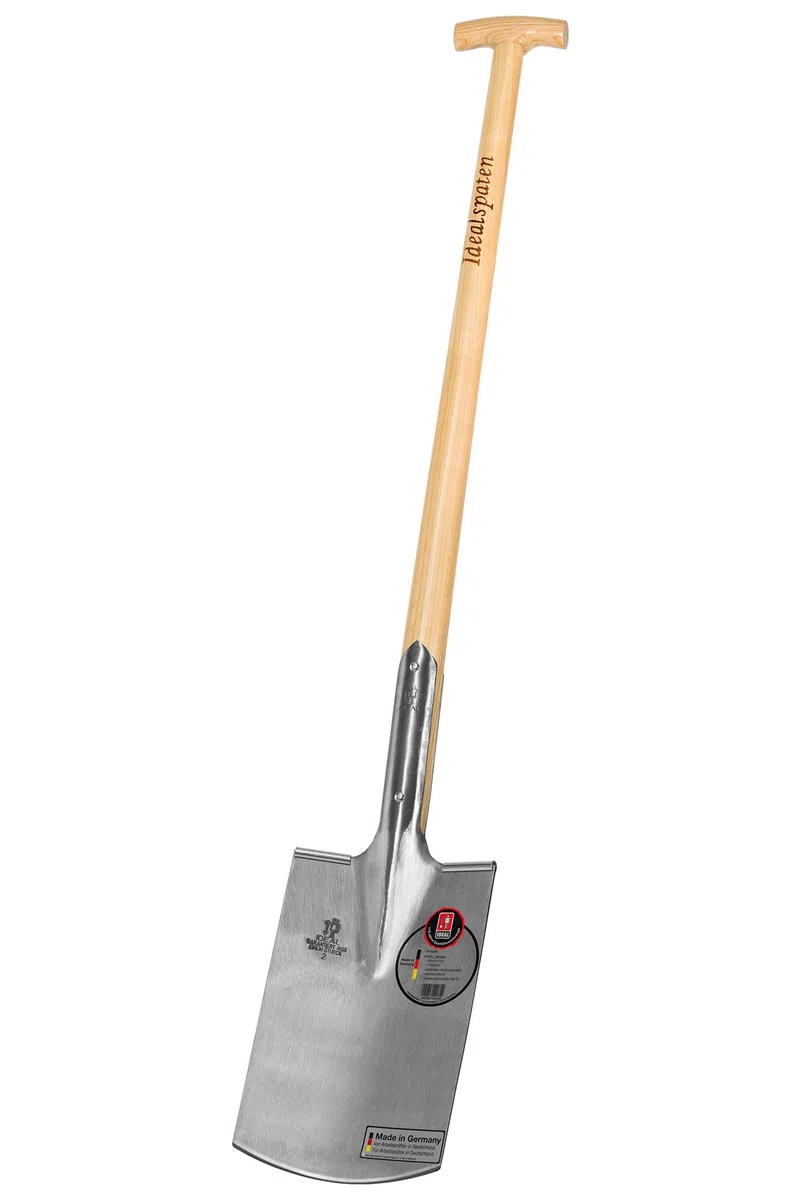 IDEAL-Spaten Gärtner Form | für mittelfeste, leicht steinige Böden | feinpolierter Doppelfederspaten, selbstschärfend, mit Tritt, Eschen-T-Stiel 85 cm