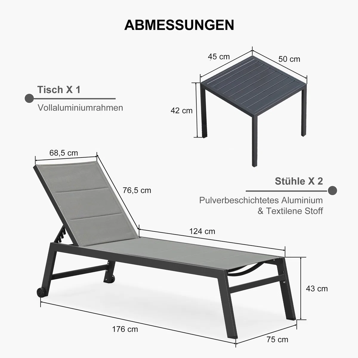 PURPLE LEAF 2er-Set Sonnenliege Groß Aluminium mit Rollen, Grau | Extra breite Liegefläche, 5-Fach Verstellbare, Gepolstertes Textilene, Atmungsaktiv, Robuster Alurahmen, Mobil dank Rollen