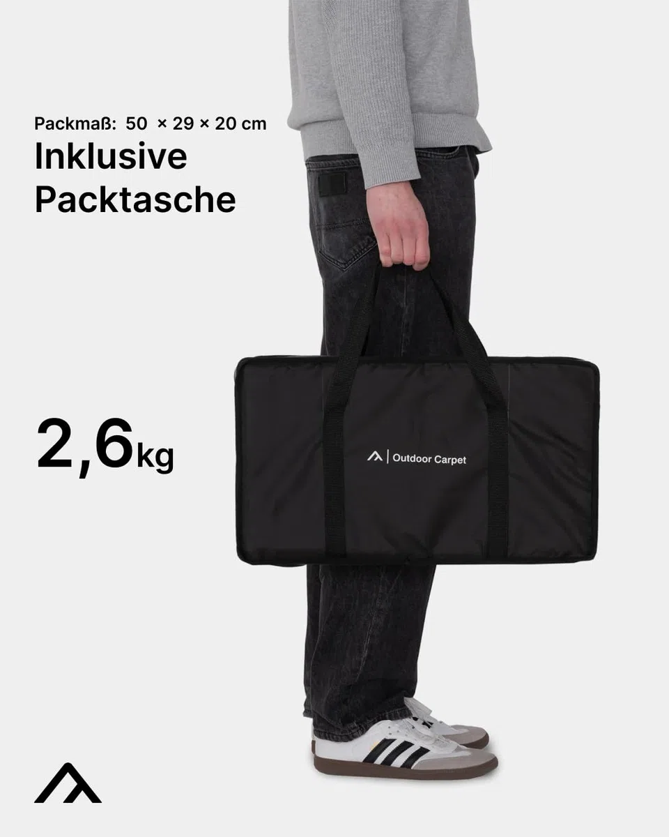 qeedo Outdoor Teppich wetterfest 3 x 2 m - Vorzeltteppich mit Heringen & Tragetasche - Campingteppich UV50+ mit 3.000 mm Wassersäule - Unterlage für Zelt, Wohnmobil & Vorzelt