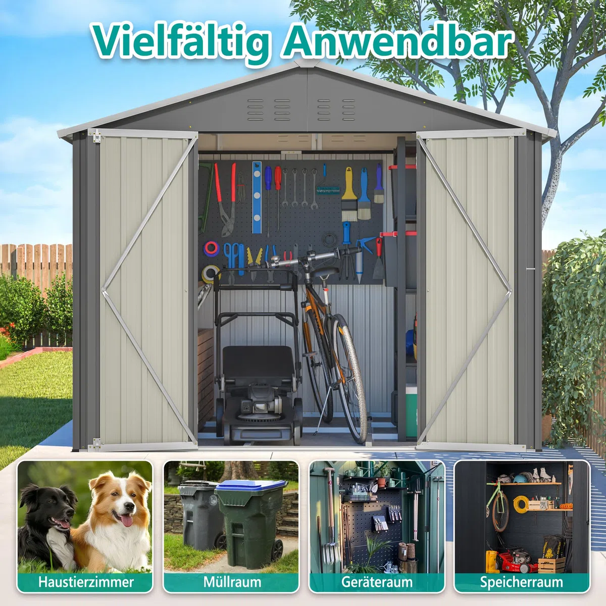 Metall Gerätehaus, Outdoor Gartenhaus mit Satteldach Belüftung,XXL | Für GartenGeräteschuppen mit Satteldach & 2 Türen, Gartenmöbel Wetterfest Wasserdicht für Terrasse, 240x192x191 cm, Grau