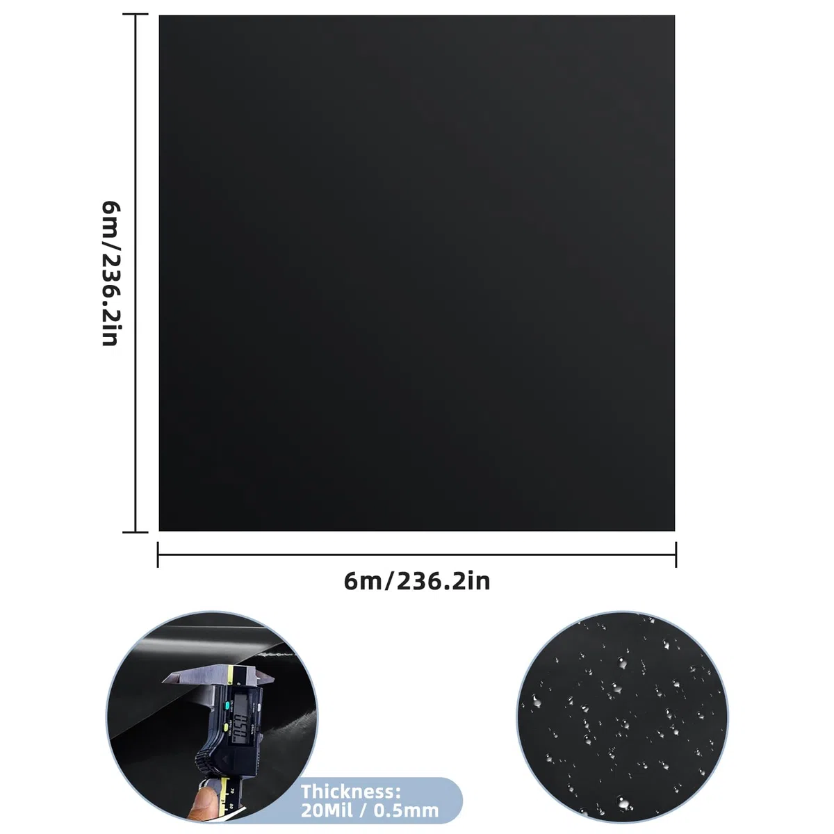 Teichfolie 6x6m, Teichwanne Stärke 0,5mm, Schwarz HDPE Teichfolien Schwerlast, Dichtungsfolie Teichmembran Schwimmteich Folie für Fischteiche/Brunnen/Wassergarten/Wasserfall/Teichbecken/Gartenteich