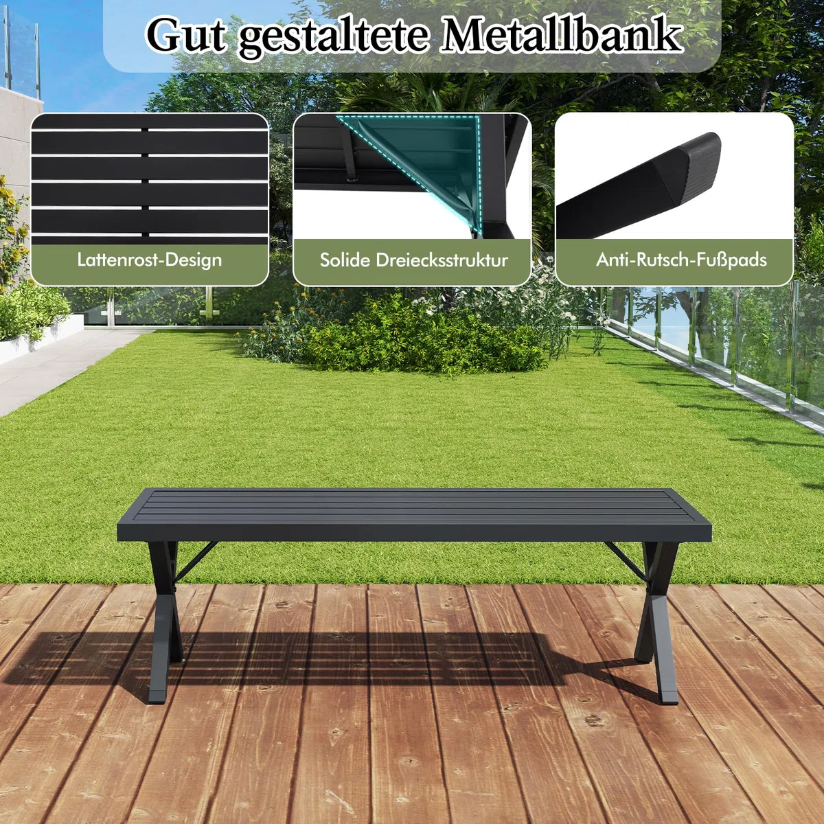COSTWAY Gartenbank Metall wetterfest, 3-Sitzer Sitzbank ohne Rückenlehne, Balkonbank, Parkbank, Metallbank bis 360 kg belastbar, Terrassenbank für Garten, Balkon, Terrasse, 138 x 36 x 46 cm