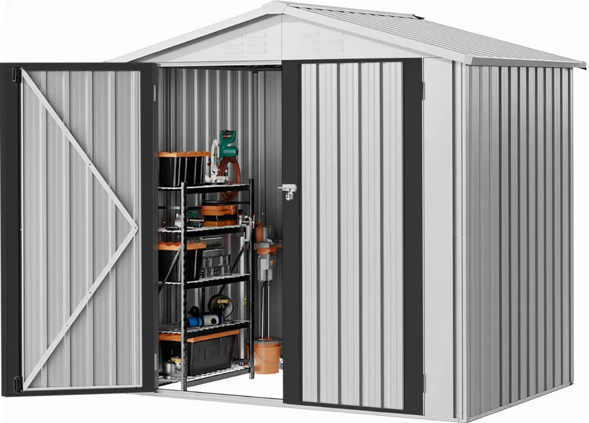 YITAHOME Metall Geräteschuppen Gerätehaus Gartenhaus Gartenhütte,Weiß | 171x87x184cm|6x4 klein|Rasenmäher Gartenschuppen|Satteldach|Abschließbar|4 Lüftungsöffnungen|Gartenhaus mit Tür|Wetterfest