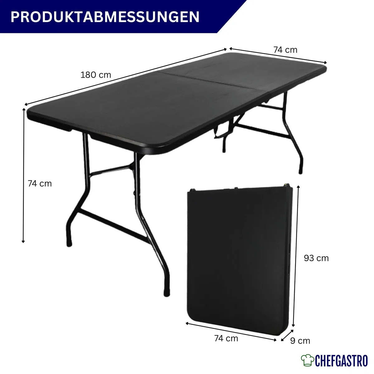 CHEFGASTRO Buffettisch klappbar 180x75cm Gartentisch wetterfest mit Tragegriff 8 Personen Kunststoff Schwarz Klapptisch Tragbar Campingtisch Outdoor für Garten Terrasse Balkon Balkontisch Partytisch