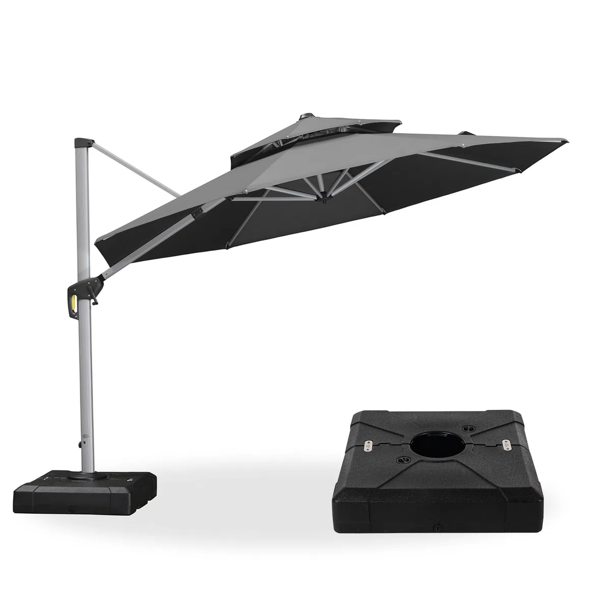 PURPLE LEAF Ampelschirm Rund 330 cm mit Ständer, Bespannung Polyester, Grau | 6-fach Verstellbar, Sanfte 360°-Drehung, Schirmständer, Doppeldach-Belüftung, Stabiler Rostfreier Alurahmen, Ampelschirm