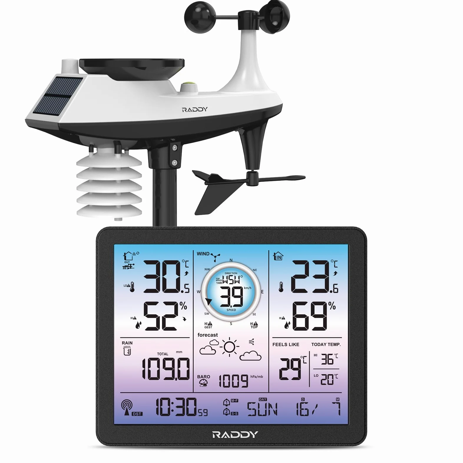 Raddy VP7 Wetterstation Funk Innen Außen Thermometer Professionell, 7,4'' Digitales Display in Lila, Funkuhr, Temperatur- und Feuchtigkeitsmonitor, Wettervorhersage und Luftdruck