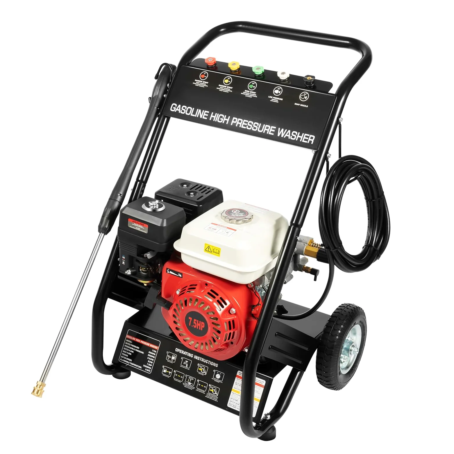 MINRS 4-Takt Benzin Hochdruckreiniger 7,5PS Haute Pression Benzinmotor Flächenreiniger Benzin Reinigungsmaschine mit 5 Düsenaufsätze, 8m Schlauch, 2m Wasserzulaufschlauch, 170-190 Bar