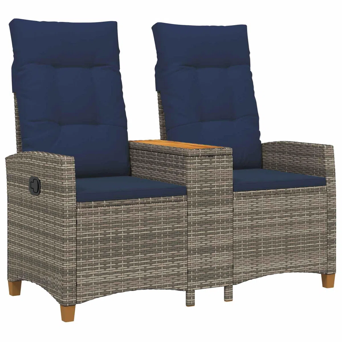 Gartenbank mit integriertem Tisch, Rattan-Liegebank mit verstellbarer Rückenlehne, Outdoor-Sitzbank aus Poly-Rattan mit Stahlrahmen, für Garten & Terrasse, Grau & Marineblau, 126 x 65 x 112 cm