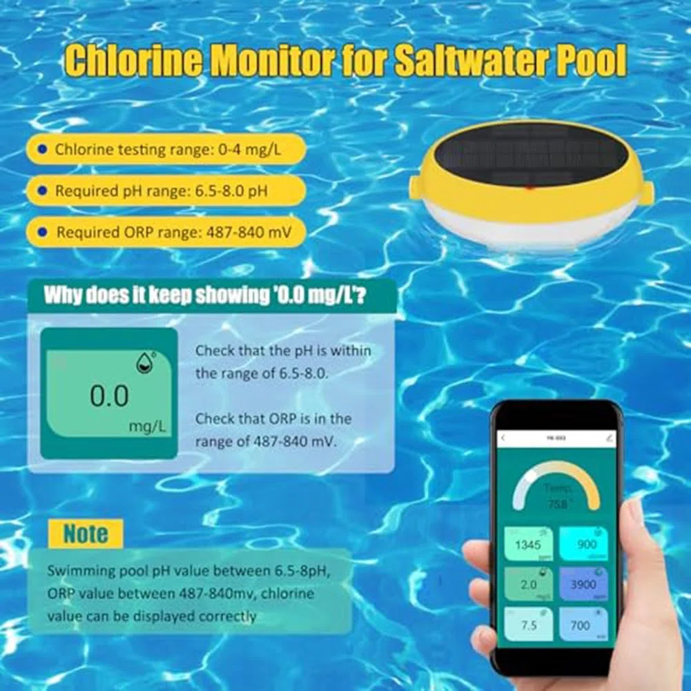 Für Smart Pool Wasserqualitätsmonitor, 7-in-1 für tuya WiFi Tester für pH-Salinität ORP CL-Temperatur, Echtzeit-App-Steuerung für Salzwasserpools