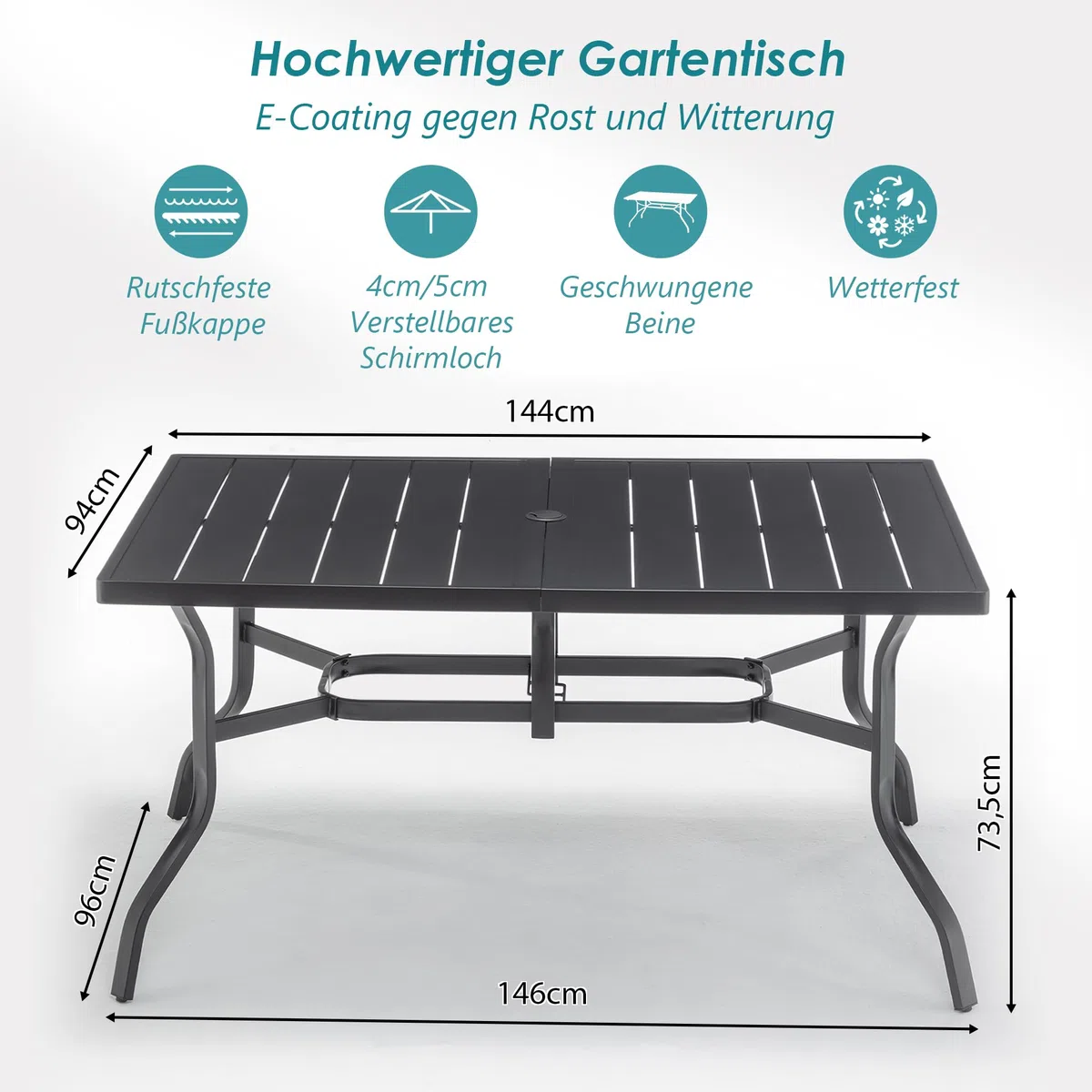 Thanaddo Gartentisch mit Schirmloch für 6 Personen, Wetterfest Terrassentisch aus Stahl, Draussen Metall Tisch Gartenmöbel 150x94 cm Gartentische Campingtisch für Garten Balkon Outdoor, Schwarz