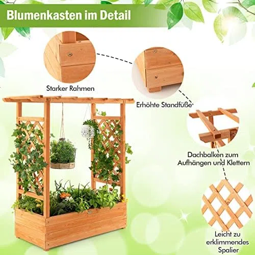 FANTASK Hochbeet mit Rankgitter & hängendem Dach, Pflanzkasten mit Rankhilfe, Blumenkasten für Kletterpflanzen & hängende Körbe 110 x 44 x113.5cm, Orange