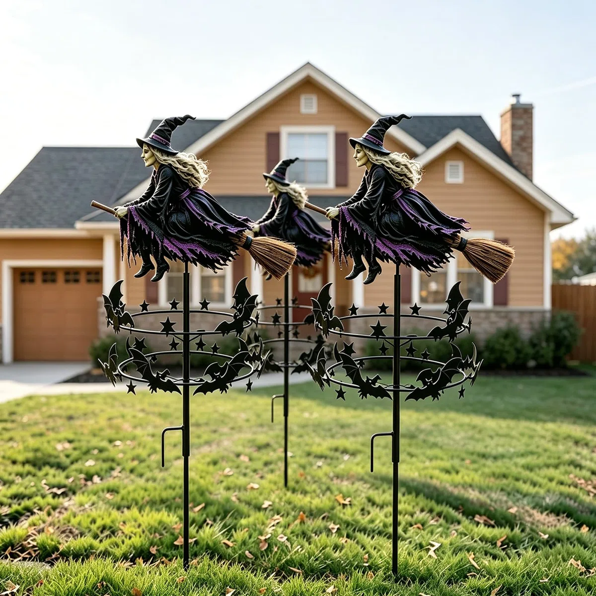 Halloween Gartenstecker Metall Hexe, Windspinner Garten Deko mit Dreh Effekt, Outdoor Gartendekoration für Rasen Terrasse Balkon, Herbst Dekoration und Halloween Party Zubehör，3