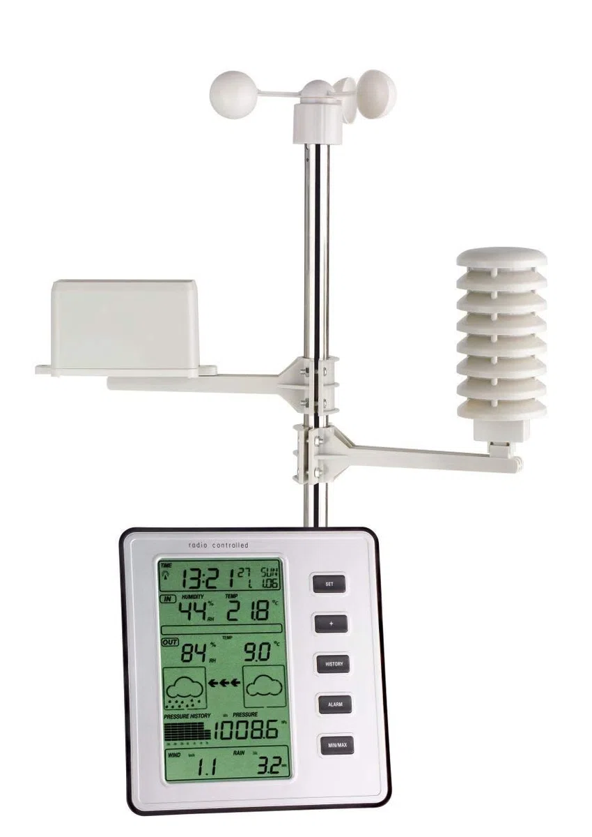 TFA Dostmann 35-1077 Stratos Funk-Wetterstation, mit Wind- und Regenmesser, Wetterbeobachtung, Alarmgrenzen, Höchst- und Tiefwerte, L 151 x B 29 (80) x H 161 mm