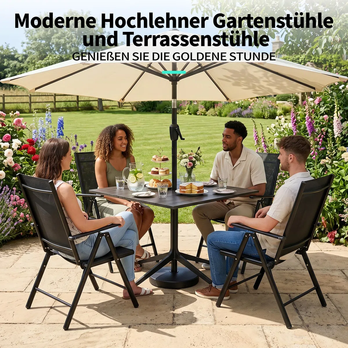 2026 Aufwertung 4er Set Klappbare Hochlehner Gartenstühle, Regulierbarer 7 Winkel Wetterfeste Terrassenstühle mit Atmungsaktives Textilene & Stahlgestell für Garten, Balkon, Terrasse, Poolbereich