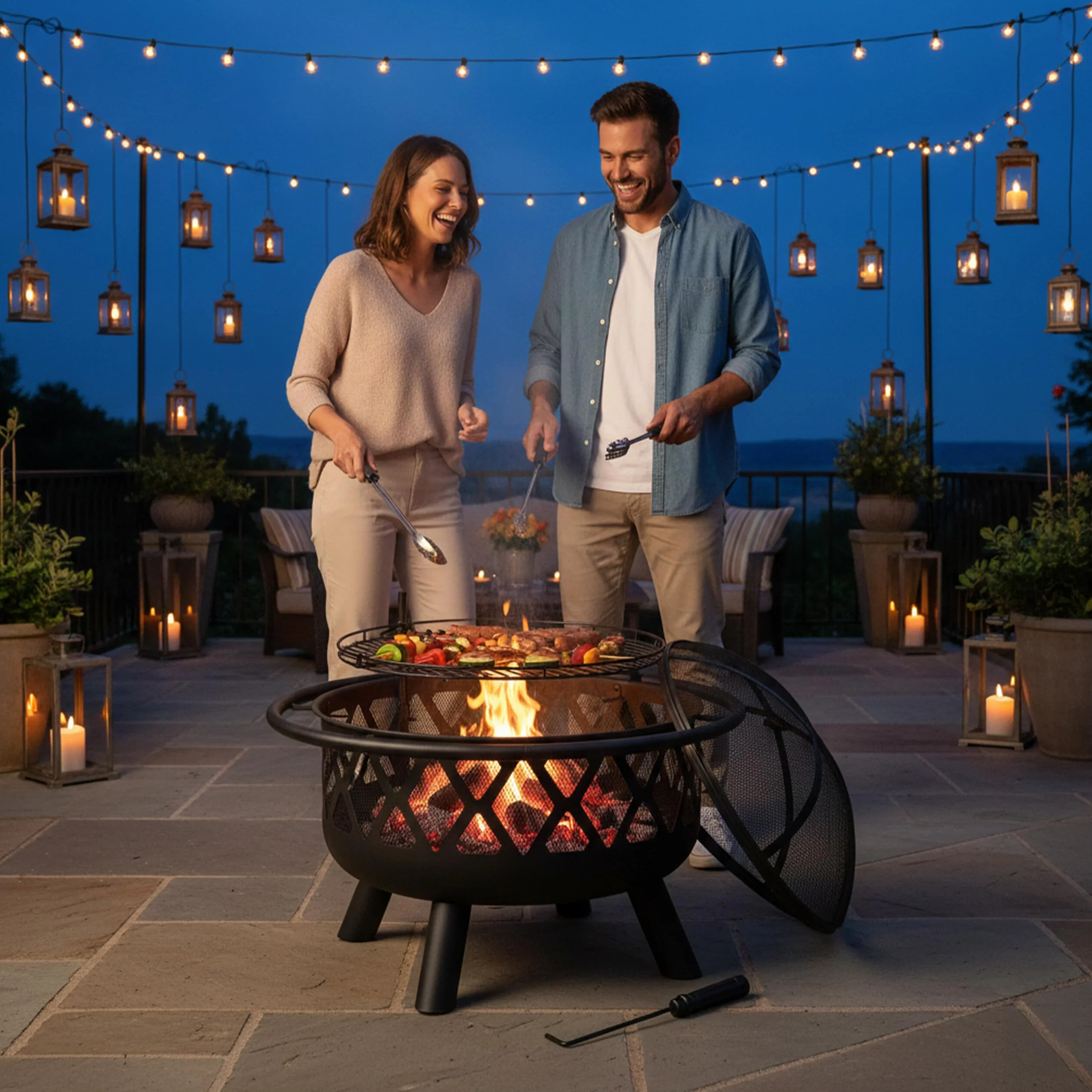 Relaxdays Feuerschale mit Grillrost, Funkenschutz & Schürhaken, Ø 75 cm, Stahl, Feuerstelle Garten & Terrasse, schwarz, 68.5 x 75 x 75 cm