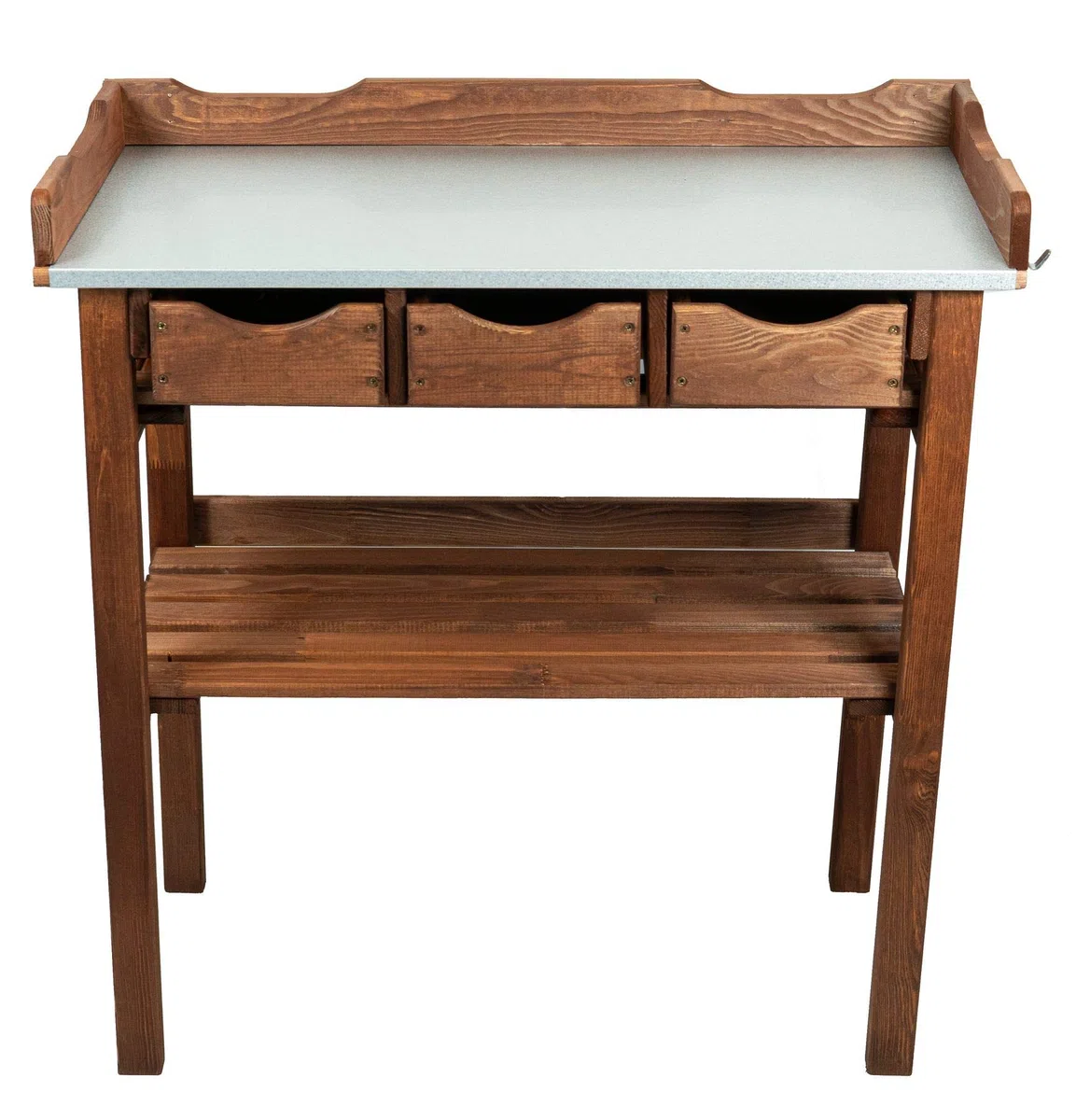 mgc24 Pflanztisch Dunkelbraun, 78x38x82 cm, Kiefernholz, mit 3 Schubladen | Verzinkte Arbeitsplatte, Mit Abstellboden & 3 Haken, Für Garten/Balkon/Terrasse, einfache Montage & rückenschonendes Arbeiten
