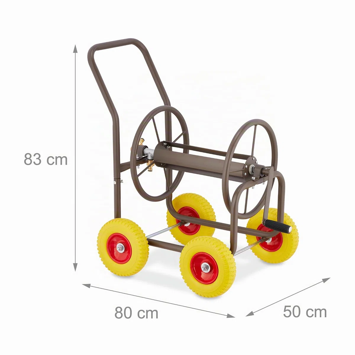 Relaxdays Schlauchwagen, bis 60 m, 4 Vollgummireifen, Klickkupplung, Schlauchtrommel Metall, Schlauchabroller, braun