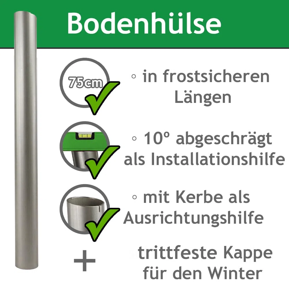 Sonnensegel Pfosten höhenverstellbar 3m, aus V2A Edelstahl inkl. Zubehör - 4-Fach Flaschenzug-Set & 0,75m Bodenhülse | Befestigung für sehr große Segel (70/3mm)