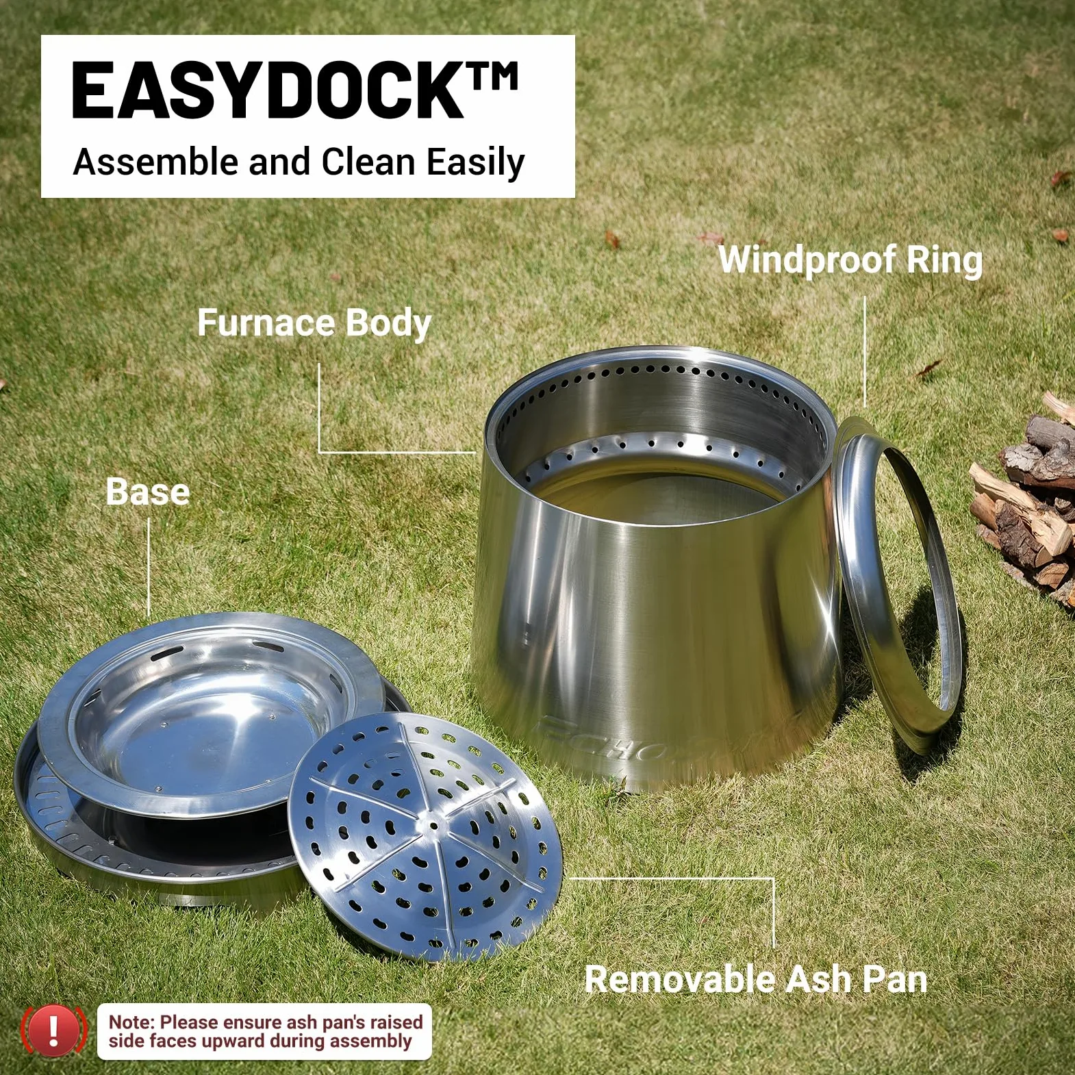 EchoSmile Rauchfreie Feuerschale mit Dreifach Verbrennung und Verstellbare Drosselklappe, Holzofen Edelstahl für Terrasse, Garten, Camping, Tragbare Feuerstelle Outdoor - ⌀ 46 cm