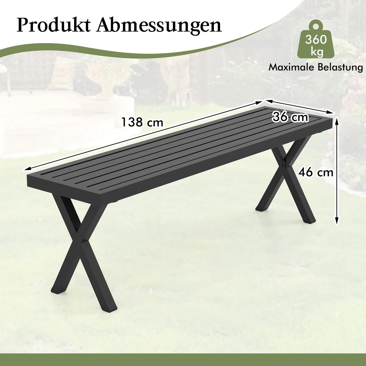 COSTWAY Gartenbank Metall wetterfest, 3-Sitzer Sitzbank ohne Rückenlehne, Balkonbank, Parkbank, Metallbank bis 360 kg belastbar, Terrassenbank für Garten, Balkon, Terrasse, 138 x 36 x 46 cm
