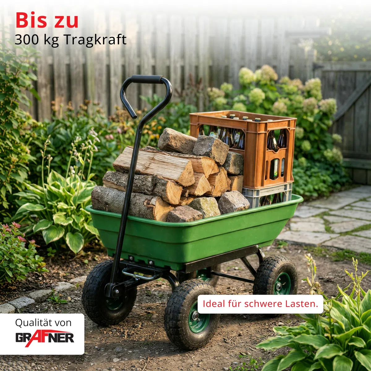 Grafner Gartenwagen mit Kippfunktion, belastbar bis 300 kg, 75 Liter Kunststoffwanne und Lenkachse, Luftbereifung, Transportwagen Gartenkarre Dumper Handwagen Schubkarre Bollerwagen