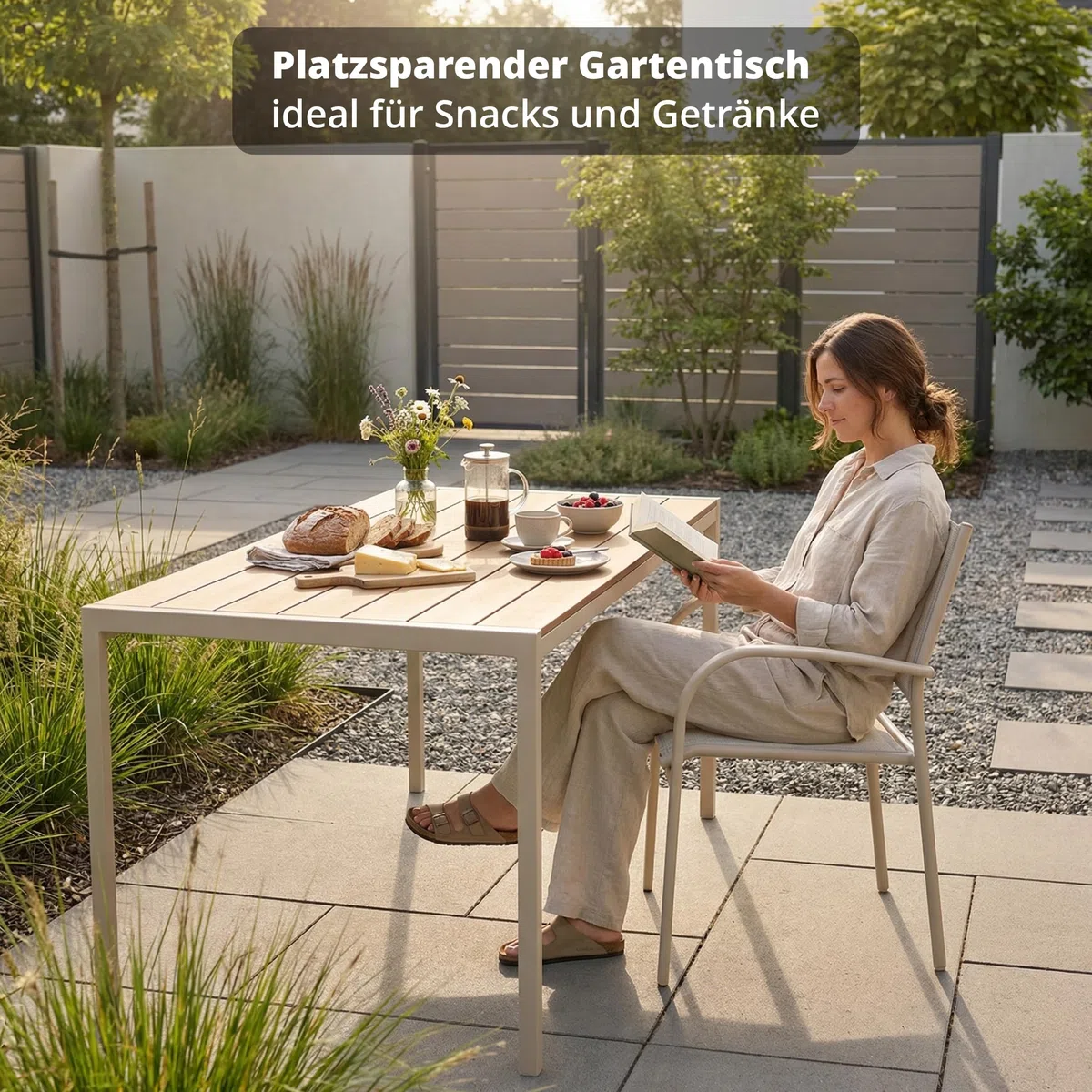 KHG Gartentisch beige, Esstisch Stahl-Gestell und Tischplatte Polywood | in Teak-Optik für 6 Personen, wetterfest UV-beständig, 83x75x140 cm, für Wohnraum und Alltag, praktisch für Zuhause
