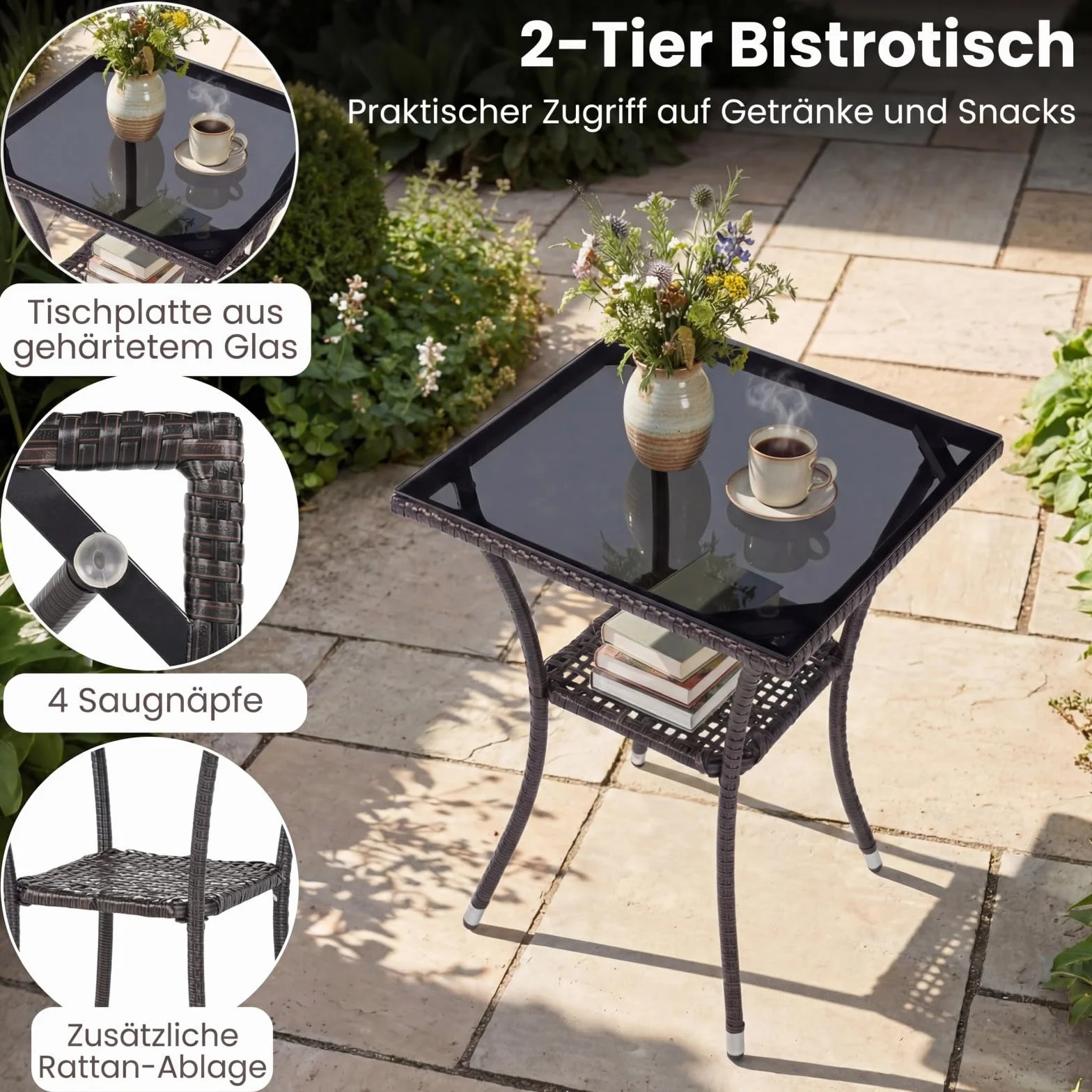 COSTWAY Rattan Gartenmöbel Set, Balkonmöbel Kleiner Balkon, Balkon Möbel mit 2 Sessel, Glastisch und Kissen, Gartenlounge 2 Personen, Sitzgruppe für Garten, Veranda, Poolbereich (Mix Braun+Beige)