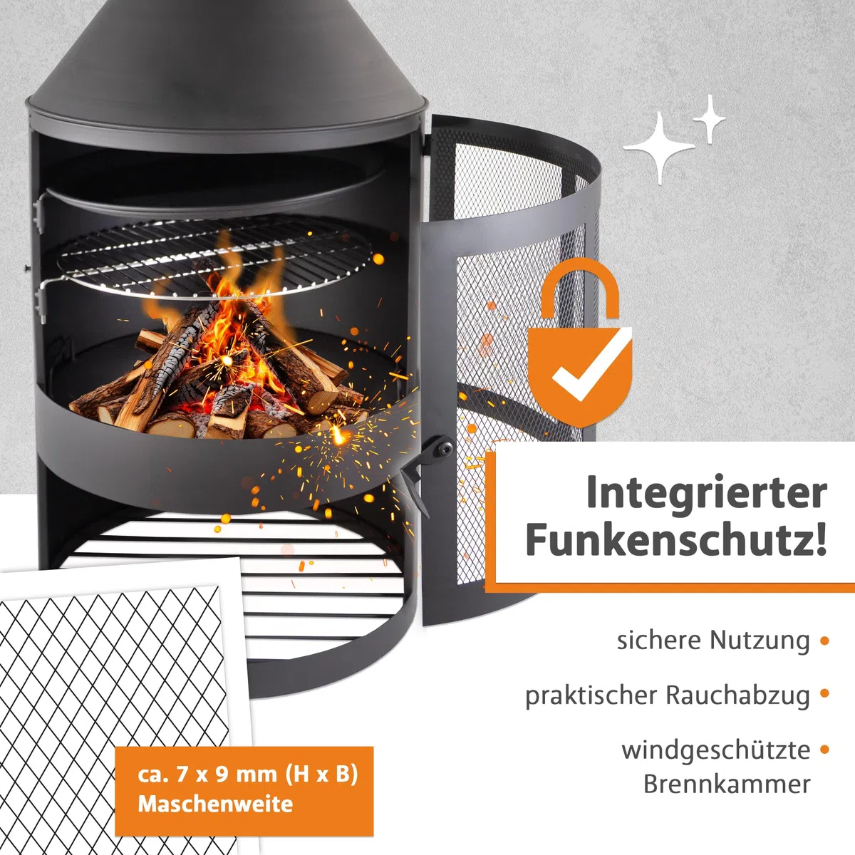 LEMODO Gartenkamin, Grillkamin mit Funkenschutztür, Terrassenofen mit Holzablage, Grillrost, Pfanne, Outdoor Gartenofen, Feuerstelle für Terrasse, Holzofen Wärmequelle für den Außenbereich
