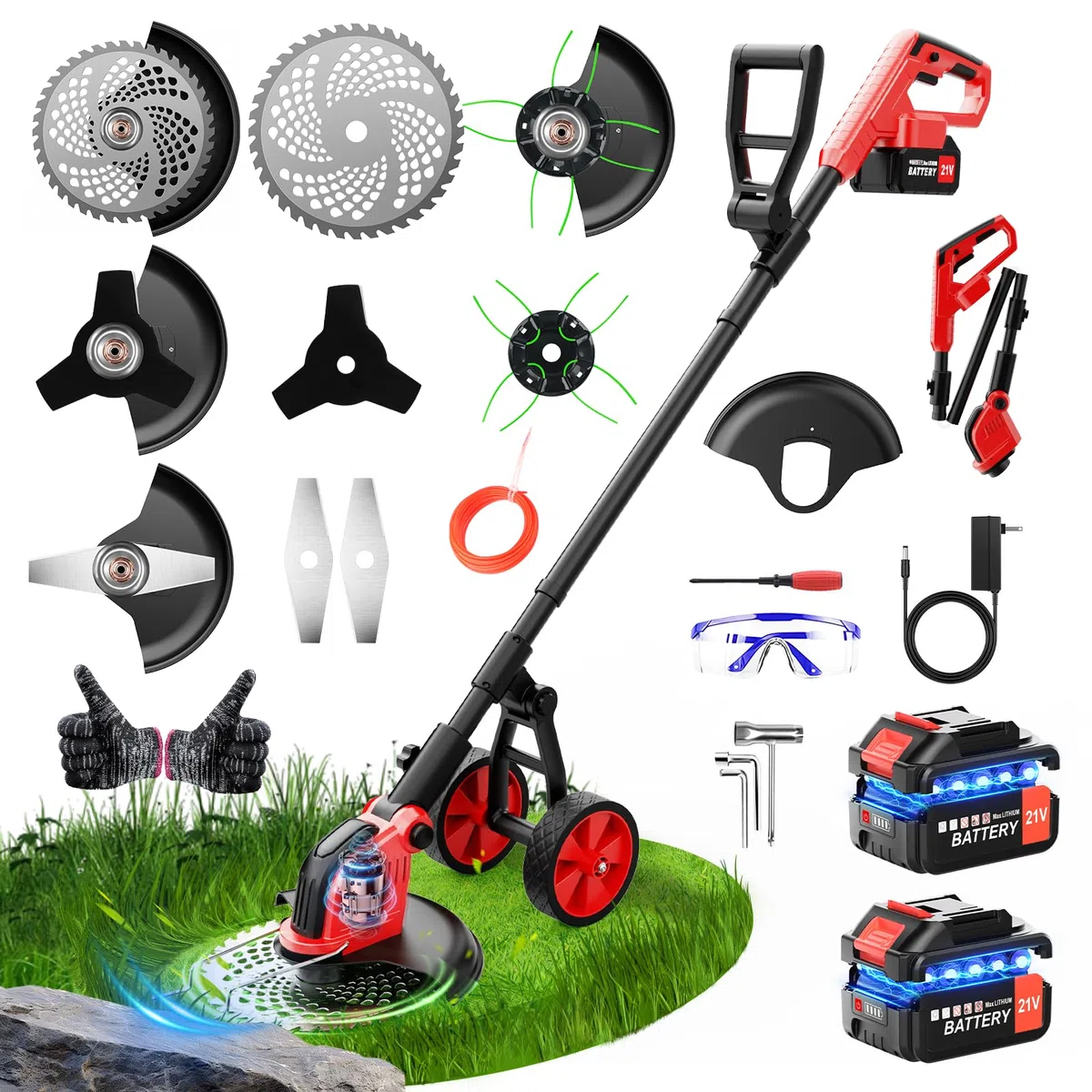Akku Rasentrimmer 12 Zoll, 20.000 U/min Bürstenlosmotor, 4-in-1 Multifunktions Rasenkantenschneider, 2×3.0Ah Akku, 4 Klingentypen, Rasenmäher mit Rädern für Garden und Rasen