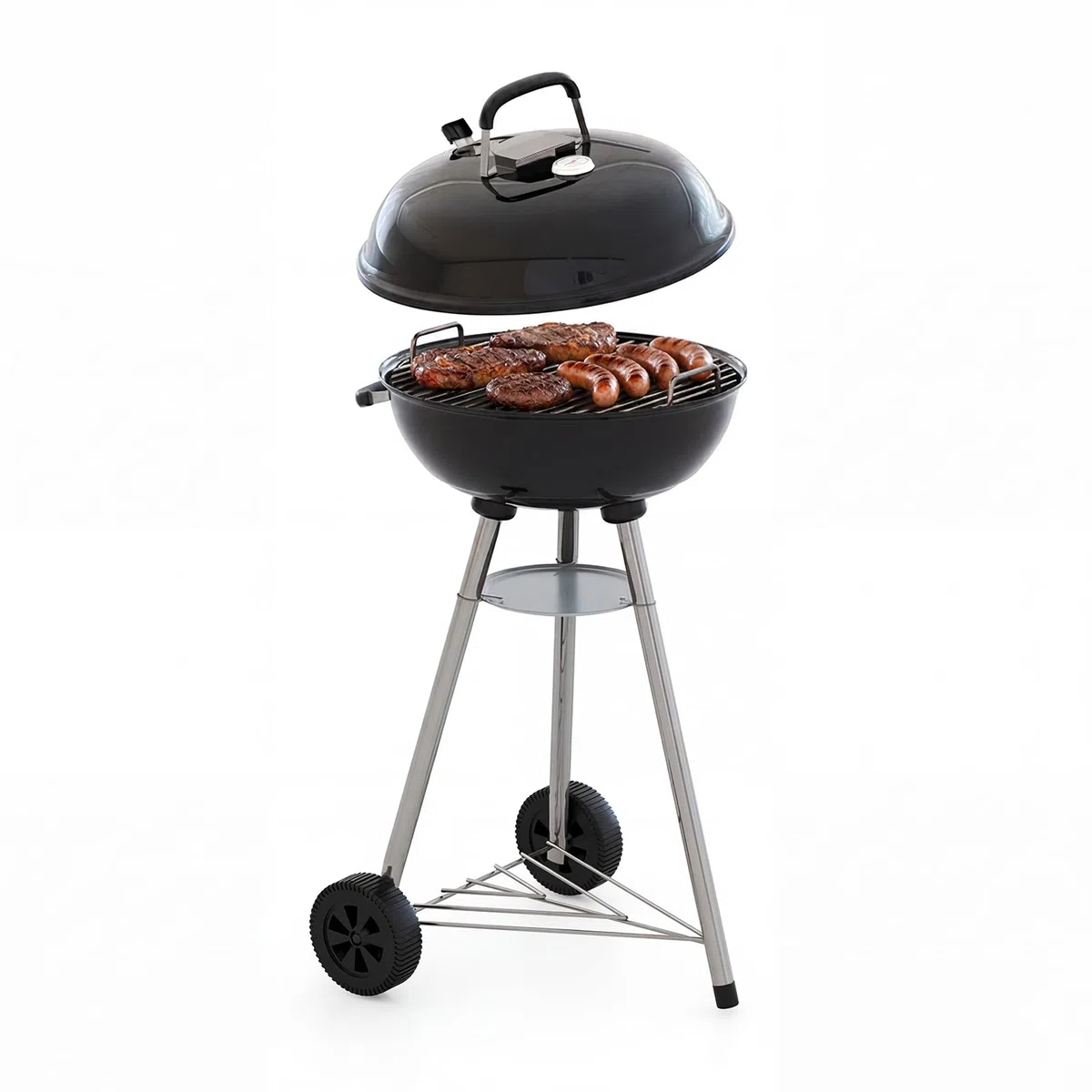 Aoxun Holzkohlegrill, 47 cm Kugelgrill mit Thermometer und regulierbarer Luftzufuhr, kratzfeste, emaillierte Grillschale, Ascheauffangbehälter, Rollen und Ablage, für Garten, und Outdoor, schwarz
