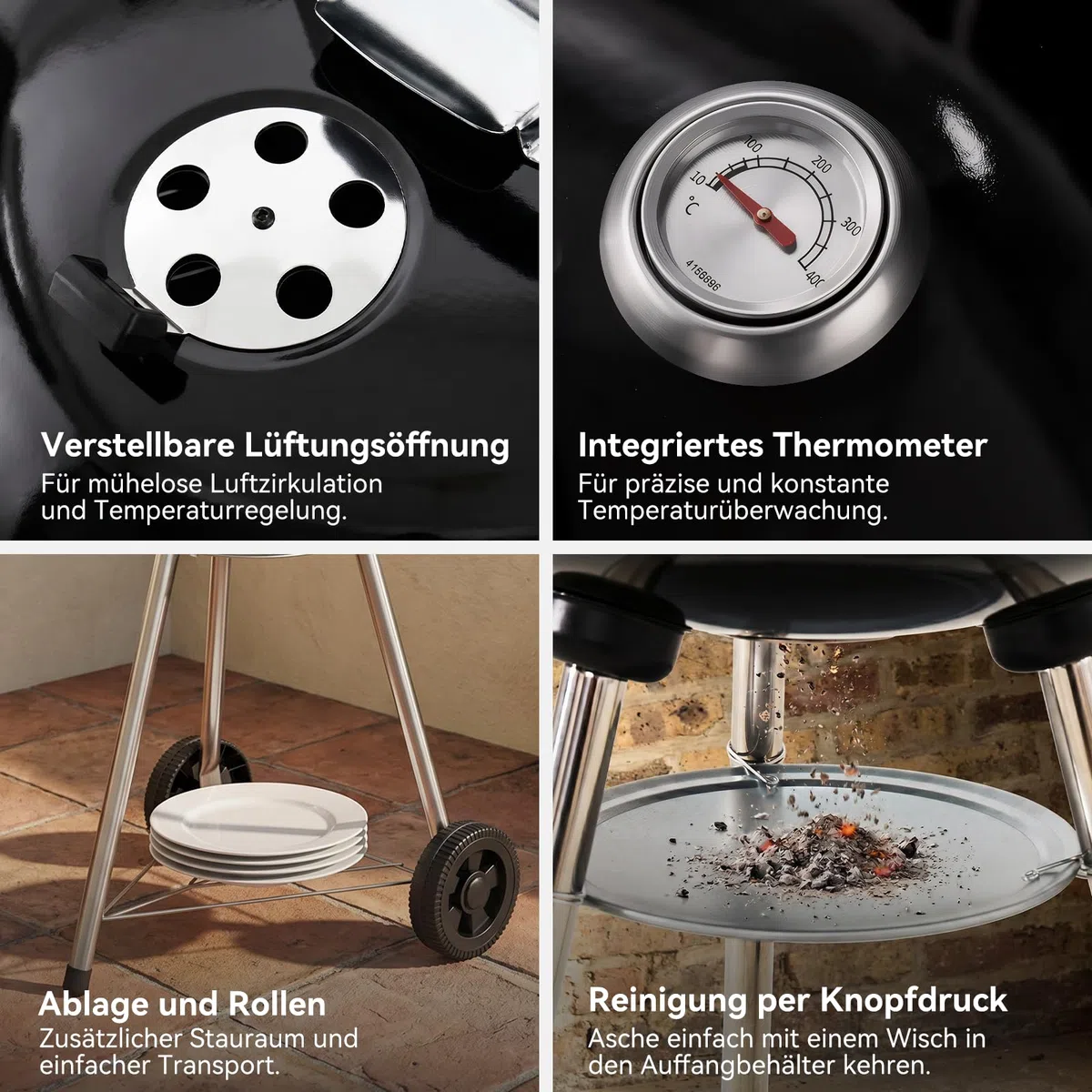 Aoxun Holzkohlegrill, 47 cm Kugelgrill mit Thermometer und regulierbarer Luftzufuhr, kratzfeste, emaillierte Grillschale, Ascheauffangbehälter, Rollen und Ablage, für Garten, und Outdoor, schwarz