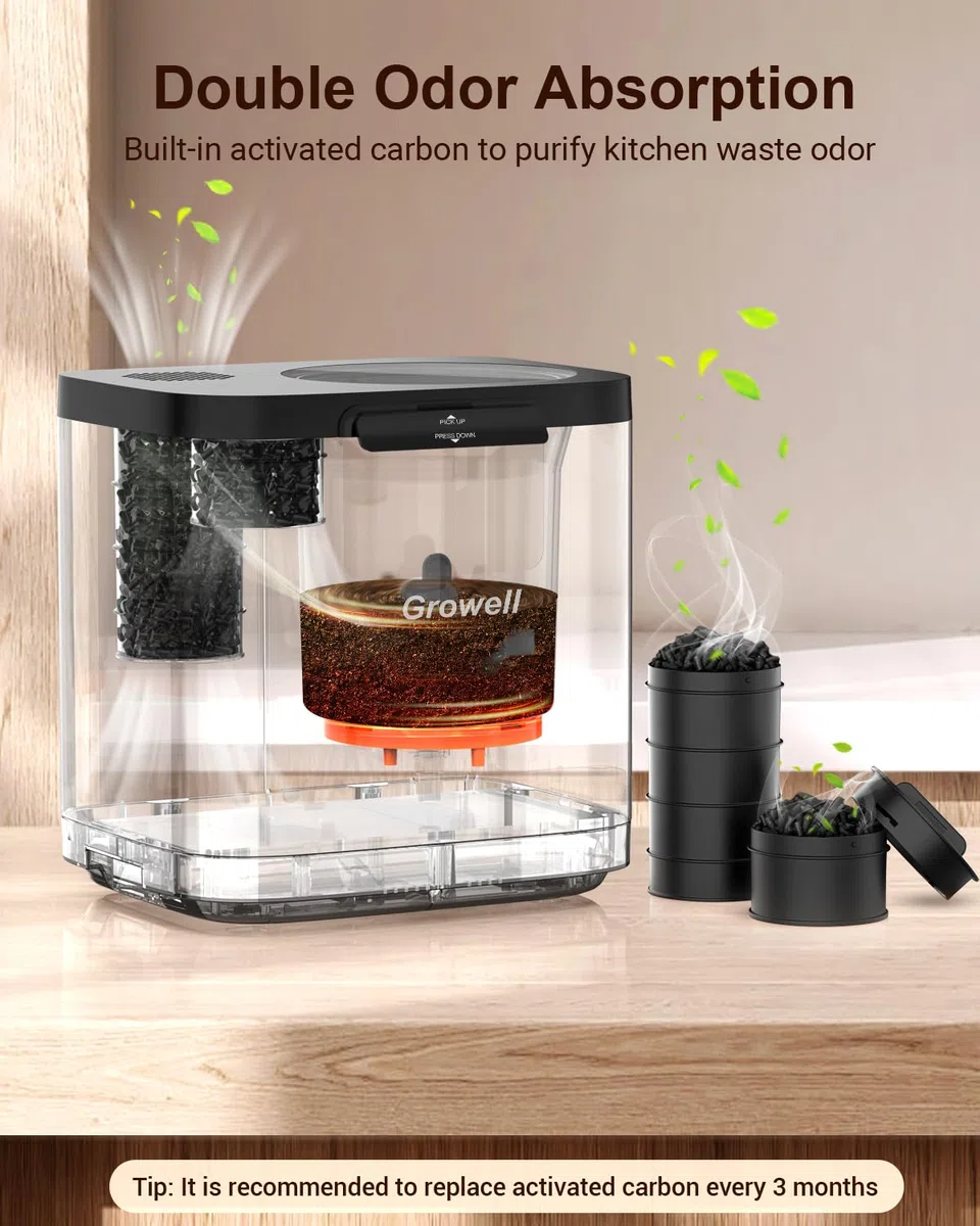 Growell Elektrischer Komposter für die Küche, 4 l, geruchloser Komposteimer für den Innenbereich, mit 2 Kohlefiltern, Auto-Reinigung, großes LED-Display, sichtbares Fenster, intelligente Arbeitsplatte