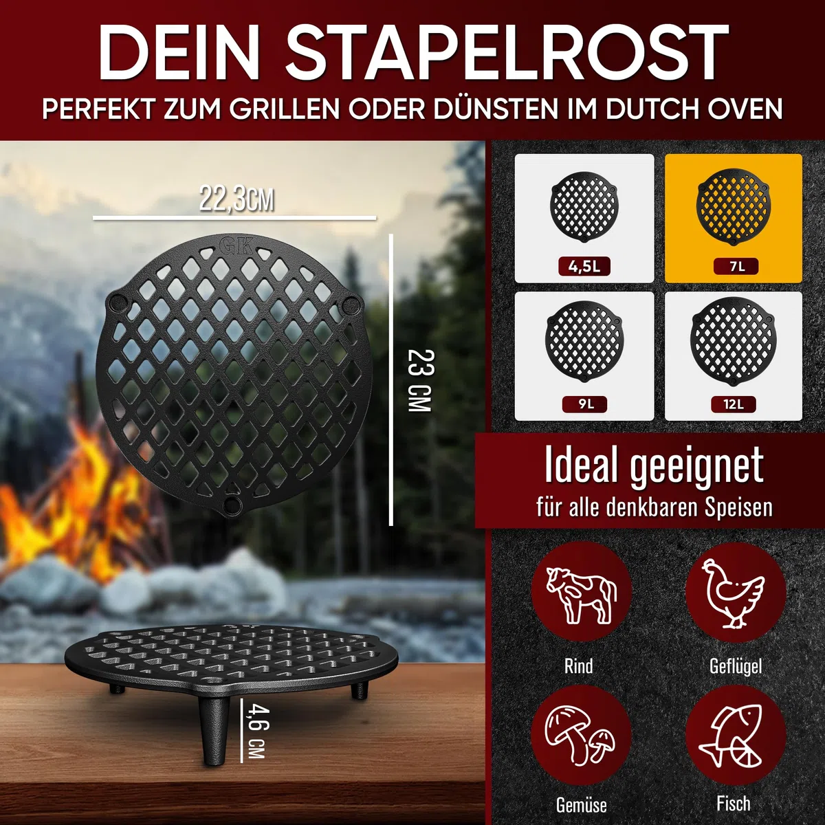 GUSSKÖNIG Gusseisen Stapelrost für 7 Liter Dutch Oven [Ø 22cm] - Einsatz für DutchOven - Staple Grate - Grillrost Dreibein Gusseisen DutchOven Untersetzer - Dutch Oven Zubehör