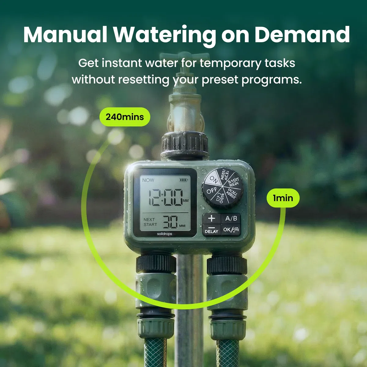 Sprinkler-Timer für Gartenschlauch, programmierbarer 1 oder 2 Auslassregler mit selbstreinigendem Ventil, 15-Tage-Frequenz, großes Zifferblatt, Regenverzögerung & Auto-Off, IPX5