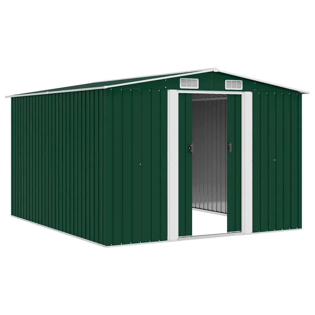 Gerätehaus Metall grün 257x298x178 cm verzinkter Stahl Gartenschuppen mit Lüftungsgittern, Schiebetüren, geräumig für Werkzeugaufbewahrung und Gartenlagerung im Außenbereich Terrasse