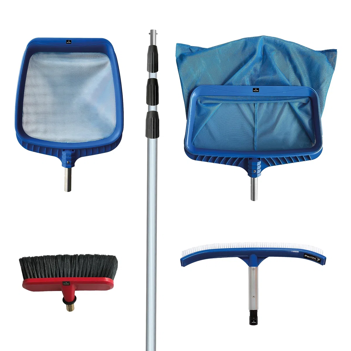 FenWi 6m Komplett Set zur Pool und Teich Reinigung und Pflege / 2X Kescher und 2X Bürste/Teleskopstange mit Oberflächenkescher Tiefenkescher Poolbürste Teichbürste